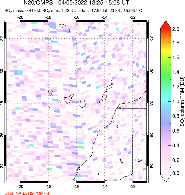 A sulfur dioxide image over Canary Islands on Apr 05, 2022.