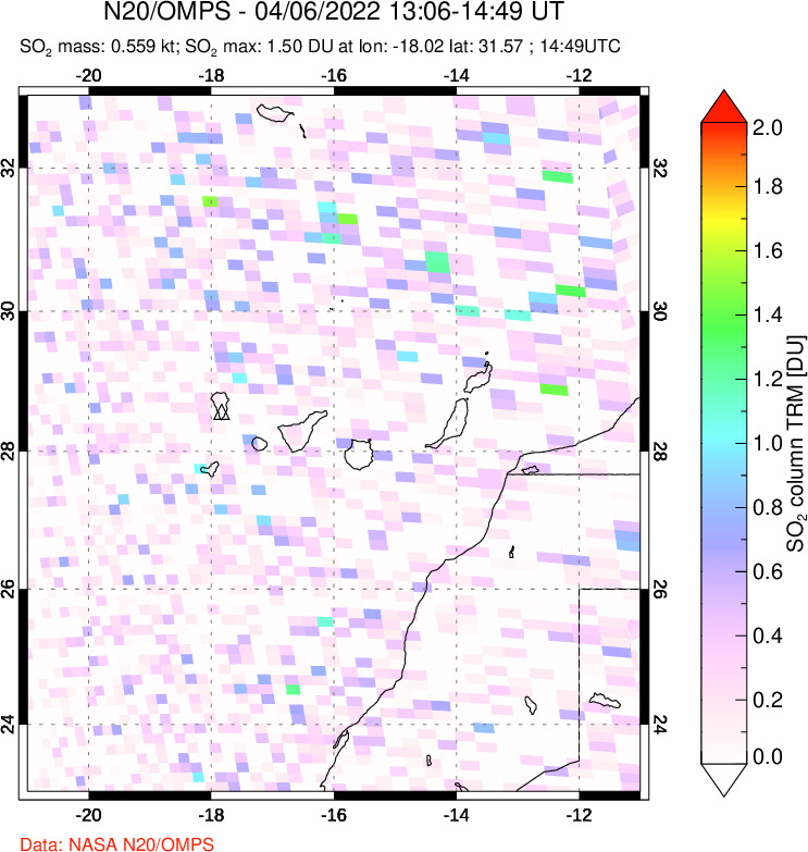 A sulfur dioxide image over Canary Islands on Apr 06, 2022.