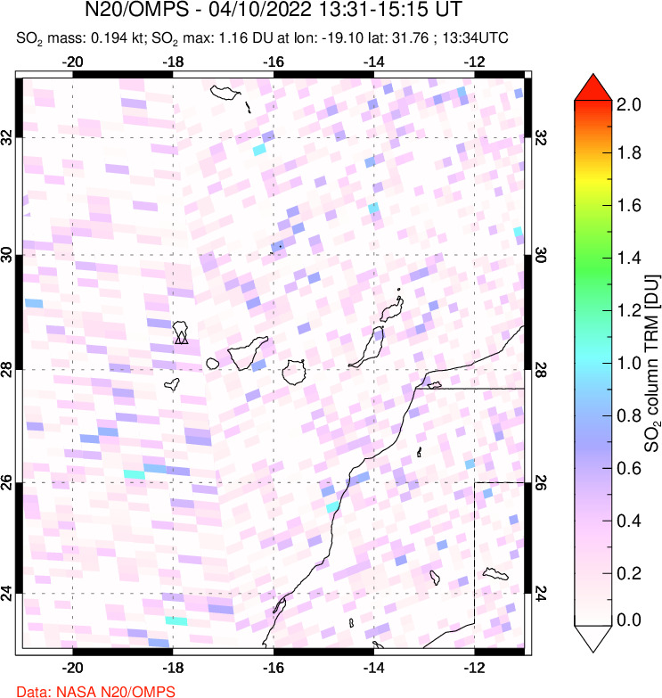 A sulfur dioxide image over Canary Islands on Apr 10, 2022.