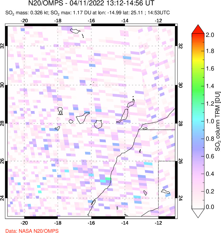 A sulfur dioxide image over Canary Islands on Apr 11, 2022.