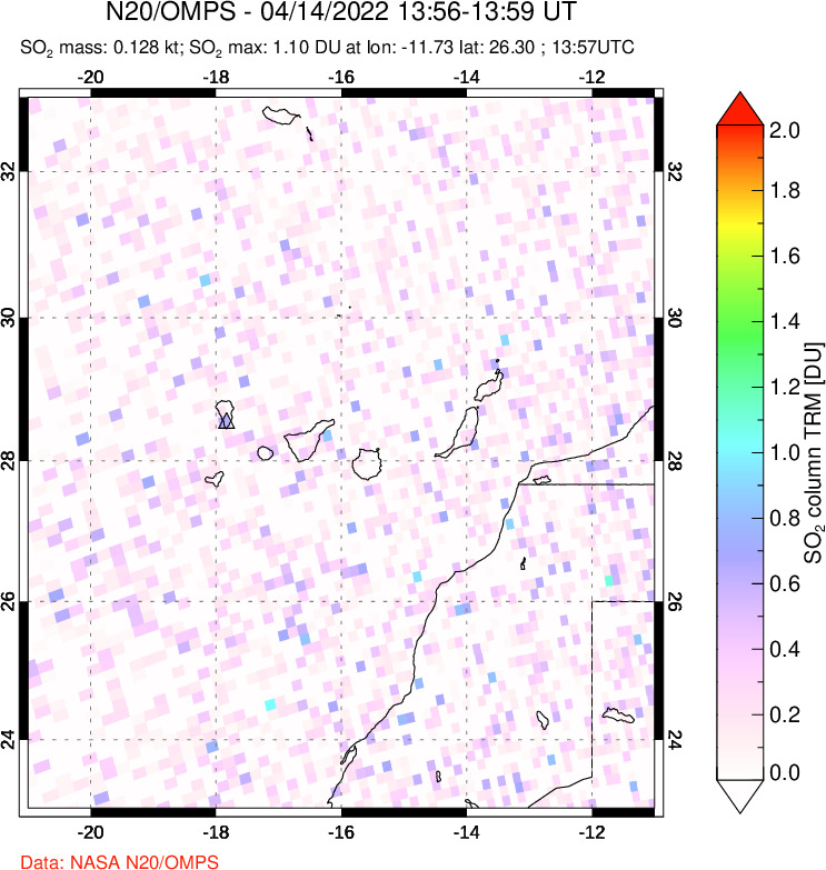 A sulfur dioxide image over Canary Islands on Apr 14, 2022.