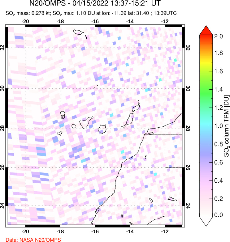 A sulfur dioxide image over Canary Islands on Apr 15, 2022.