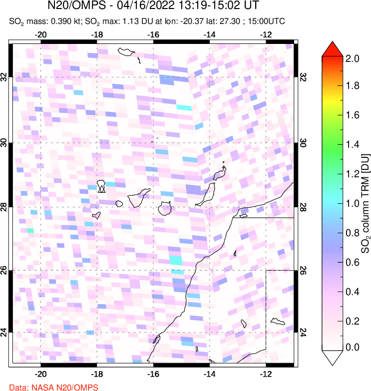 A sulfur dioxide image over Canary Islands on Apr 16, 2022.