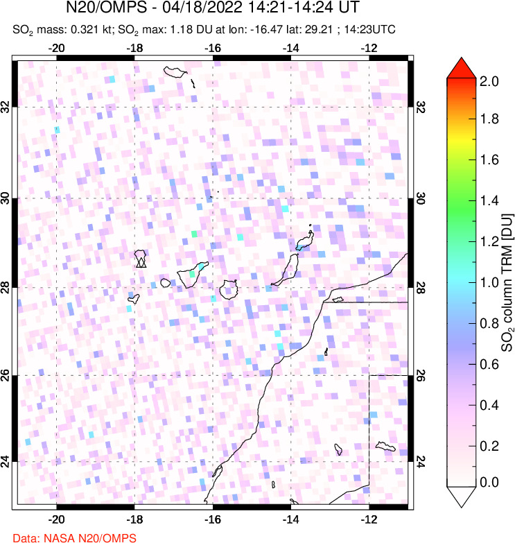 A sulfur dioxide image over Canary Islands on Apr 18, 2022.