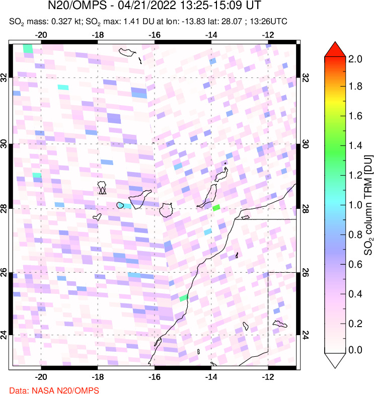 A sulfur dioxide image over Canary Islands on Apr 21, 2022.