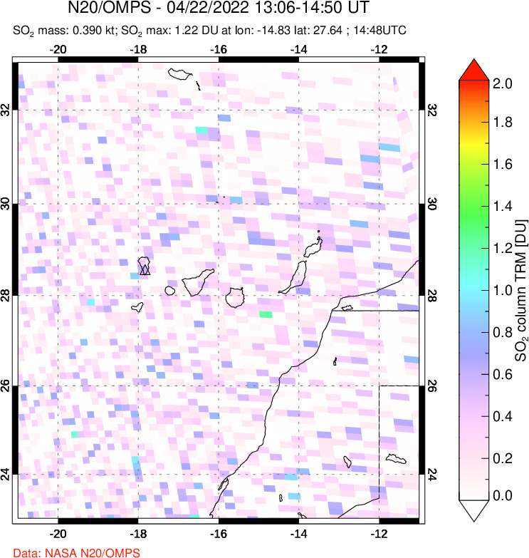 A sulfur dioxide image over Canary Islands on Apr 22, 2022.