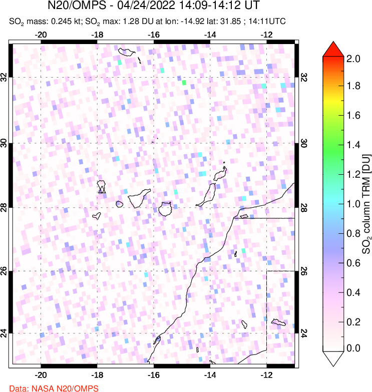 A sulfur dioxide image over Canary Islands on Apr 24, 2022.