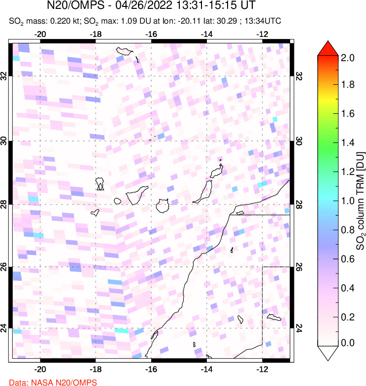 A sulfur dioxide image over Canary Islands on Apr 26, 2022.