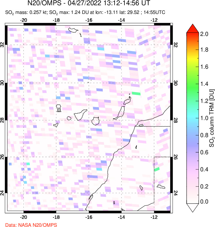 A sulfur dioxide image over Canary Islands on Apr 27, 2022.