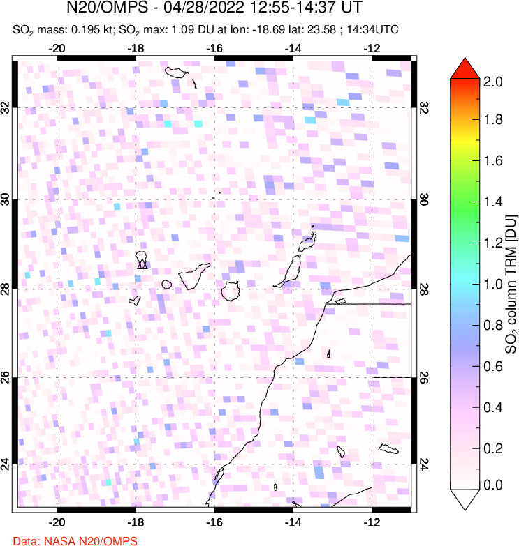 A sulfur dioxide image over Canary Islands on Apr 28, 2022.