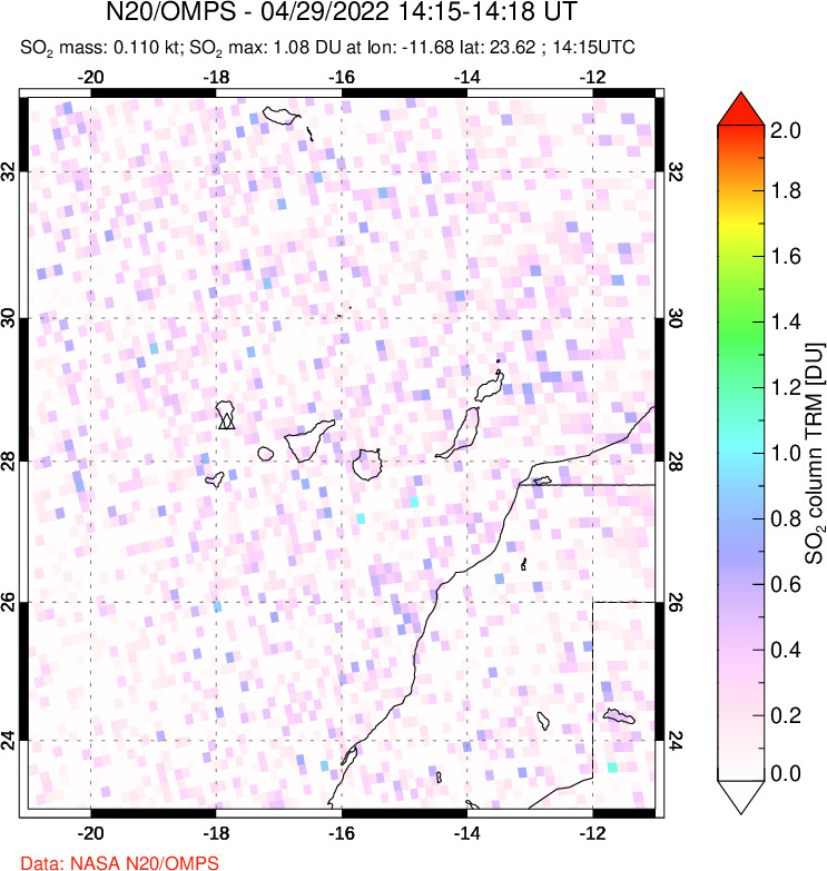 A sulfur dioxide image over Canary Islands on Apr 29, 2022.