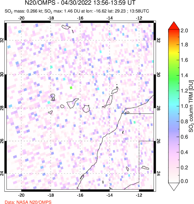 A sulfur dioxide image over Canary Islands on Apr 30, 2022.