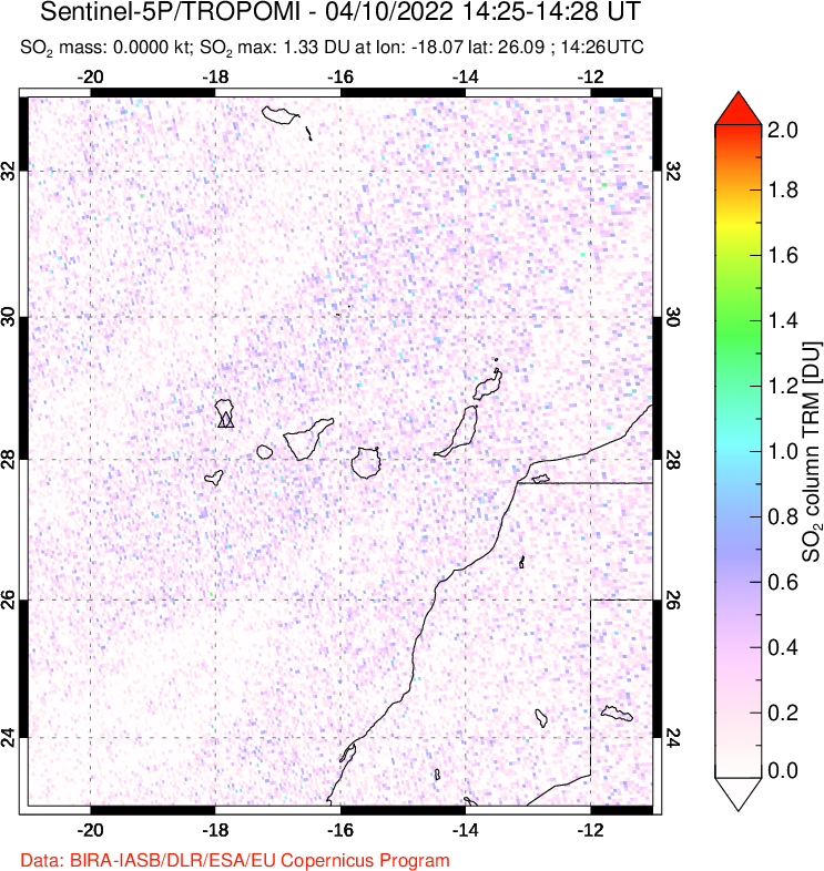 A sulfur dioxide image over Canary Islands on Apr 10, 2022.