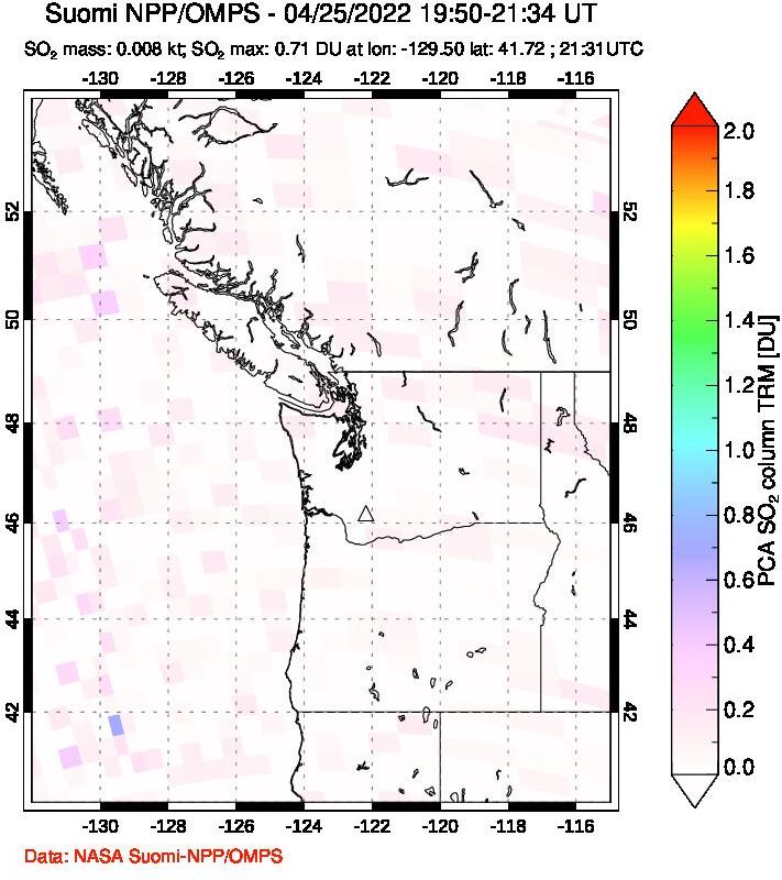 A sulfur dioxide image over Cascade Range, USA on Apr 25, 2022.