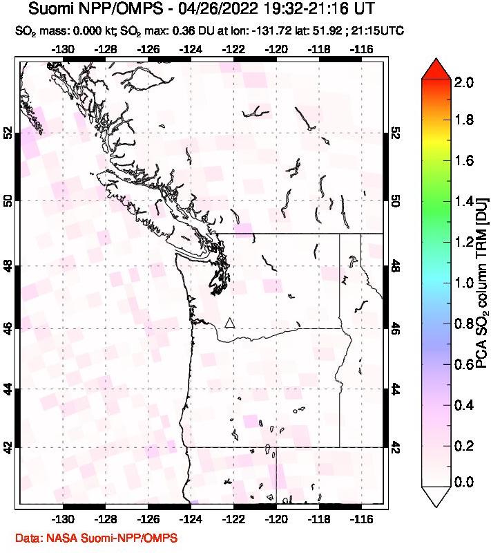 A sulfur dioxide image over Cascade Range, USA on Apr 26, 2022.