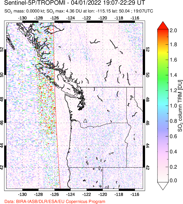 A sulfur dioxide image over Cascade Range, USA on Apr 01, 2022.