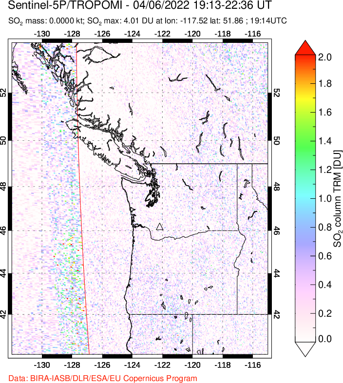 A sulfur dioxide image over Cascade Range, USA on Apr 06, 2022.
