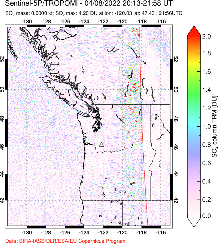 A sulfur dioxide image over Cascade Range, USA on Apr 08, 2022.