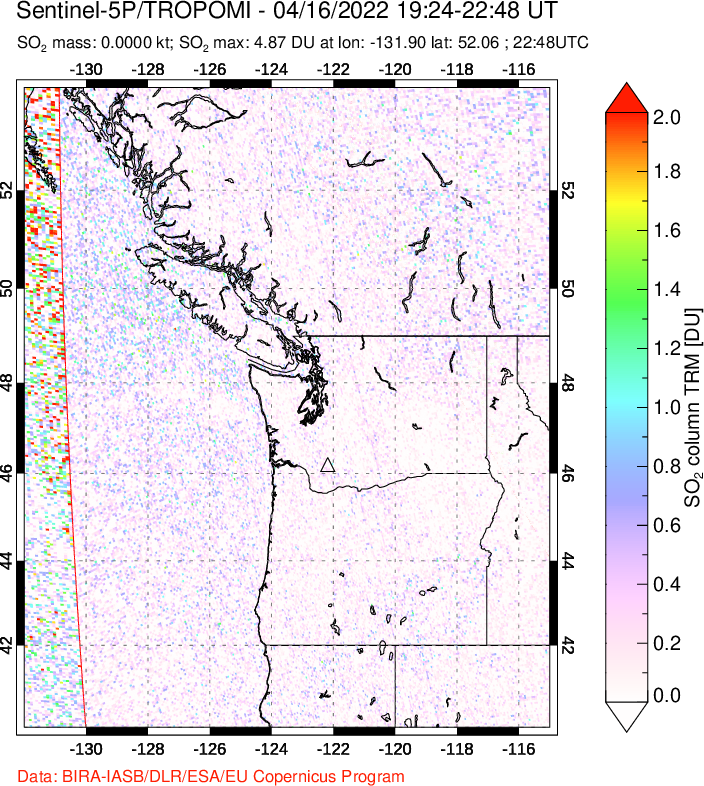 A sulfur dioxide image over Cascade Range, USA on Apr 16, 2022.
