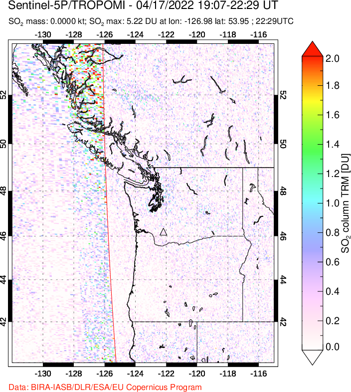 A sulfur dioxide image over Cascade Range, USA on Apr 17, 2022.
