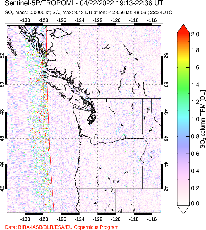 A sulfur dioxide image over Cascade Range, USA on Apr 22, 2022.