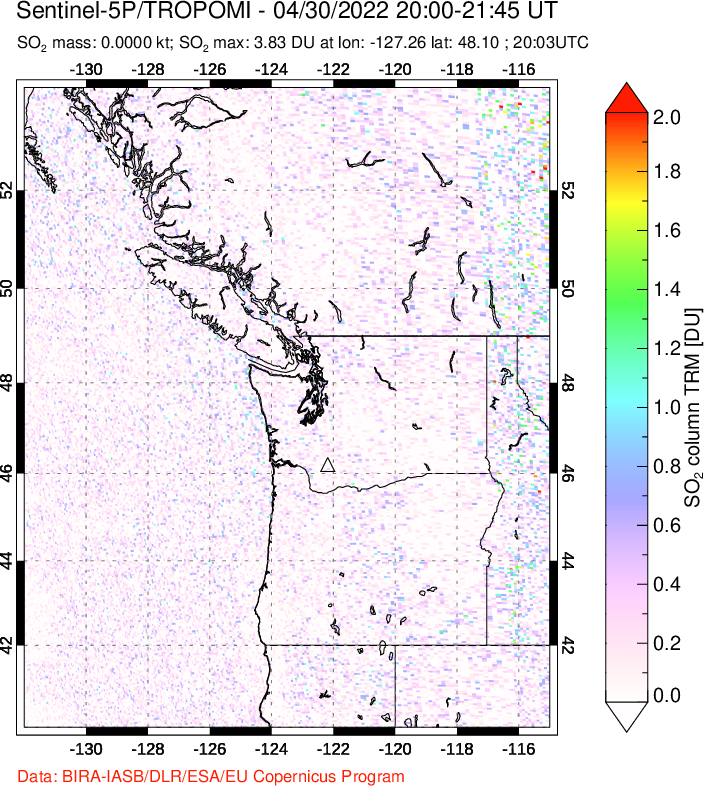 A sulfur dioxide image over Cascade Range, USA on Apr 30, 2022.