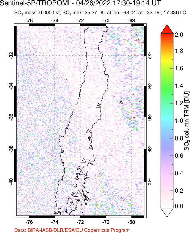 A sulfur dioxide image over Central Chile on Apr 26, 2022.