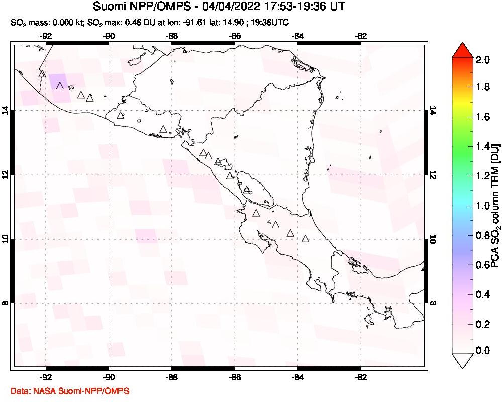 A sulfur dioxide image over Central America on Apr 04, 2022.