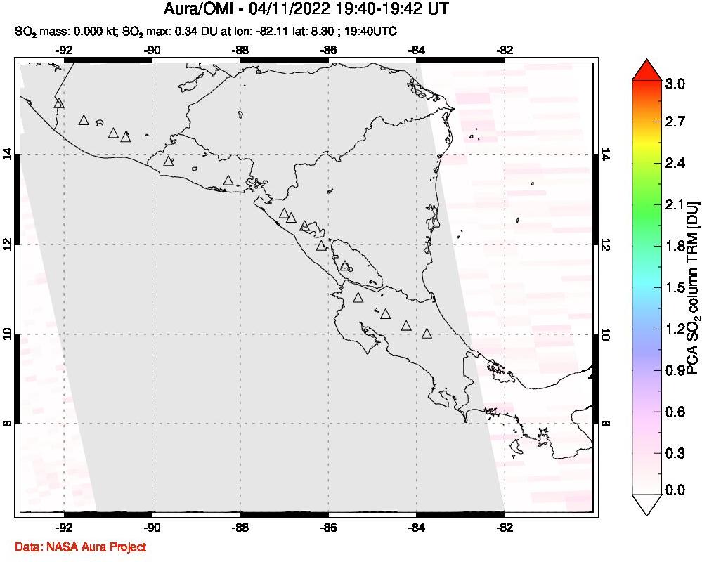 A sulfur dioxide image over Central America on Apr 11, 2022.