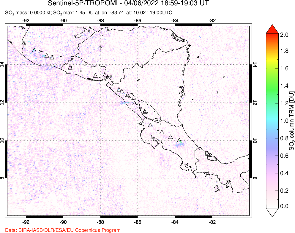 A sulfur dioxide image over Central America on Apr 06, 2022.