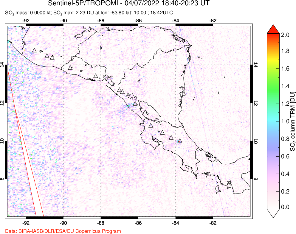 A sulfur dioxide image over Central America on Apr 07, 2022.