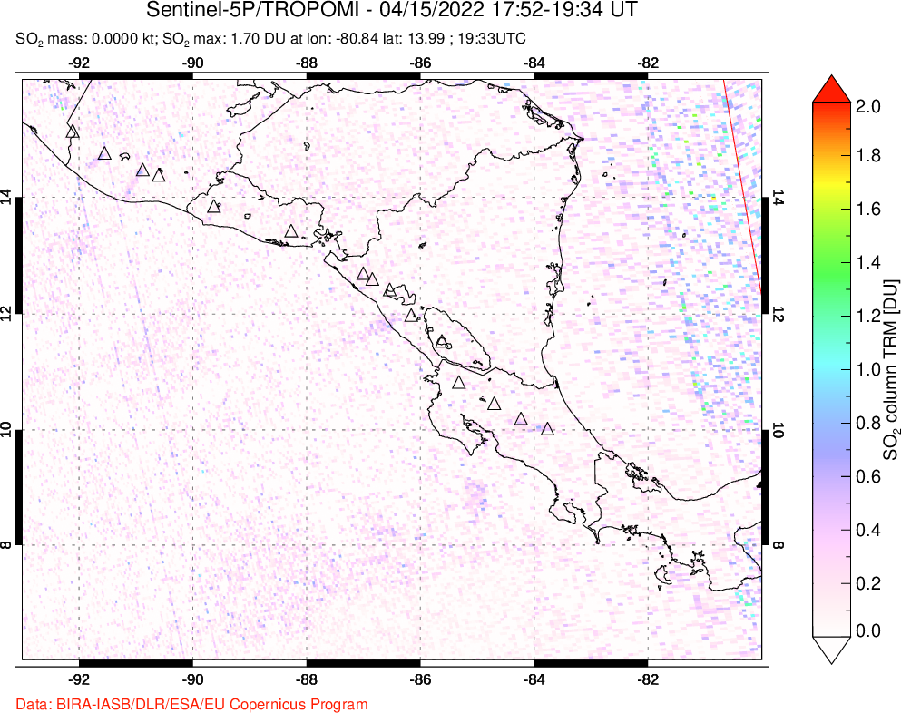 A sulfur dioxide image over Central America on Apr 15, 2022.