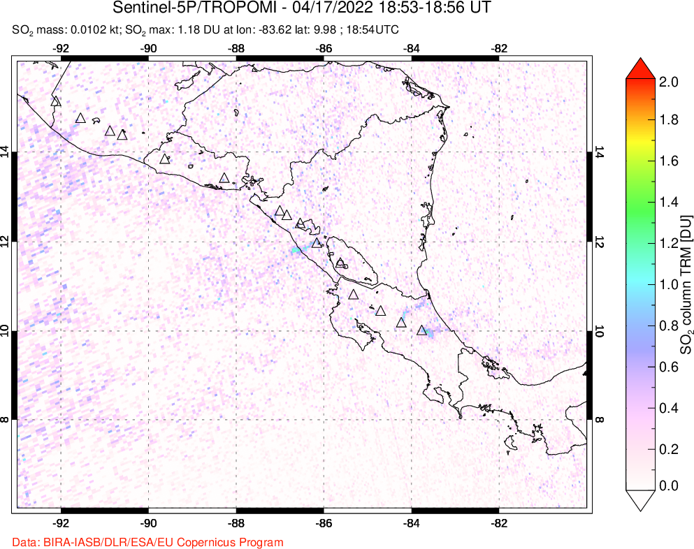 A sulfur dioxide image over Central America on Apr 17, 2022.