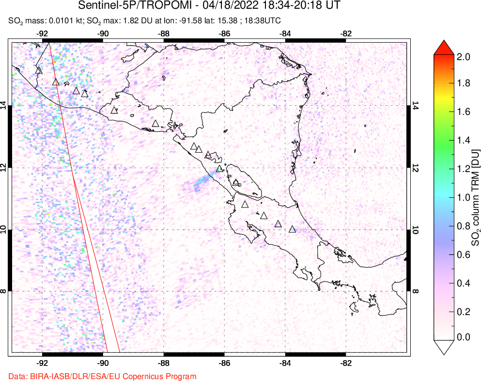 A sulfur dioxide image over Central America on Apr 18, 2022.
