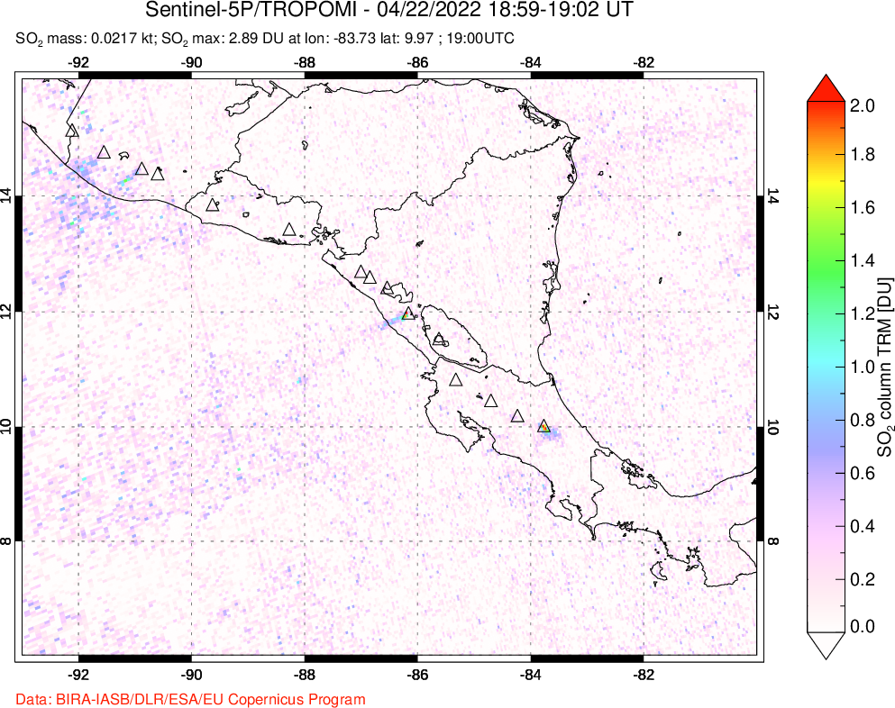 A sulfur dioxide image over Central America on Apr 22, 2022.