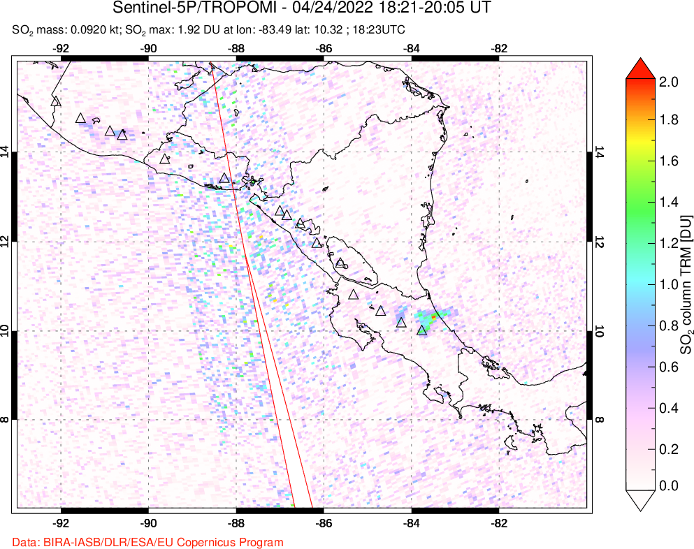 A sulfur dioxide image over Central America on Apr 24, 2022.