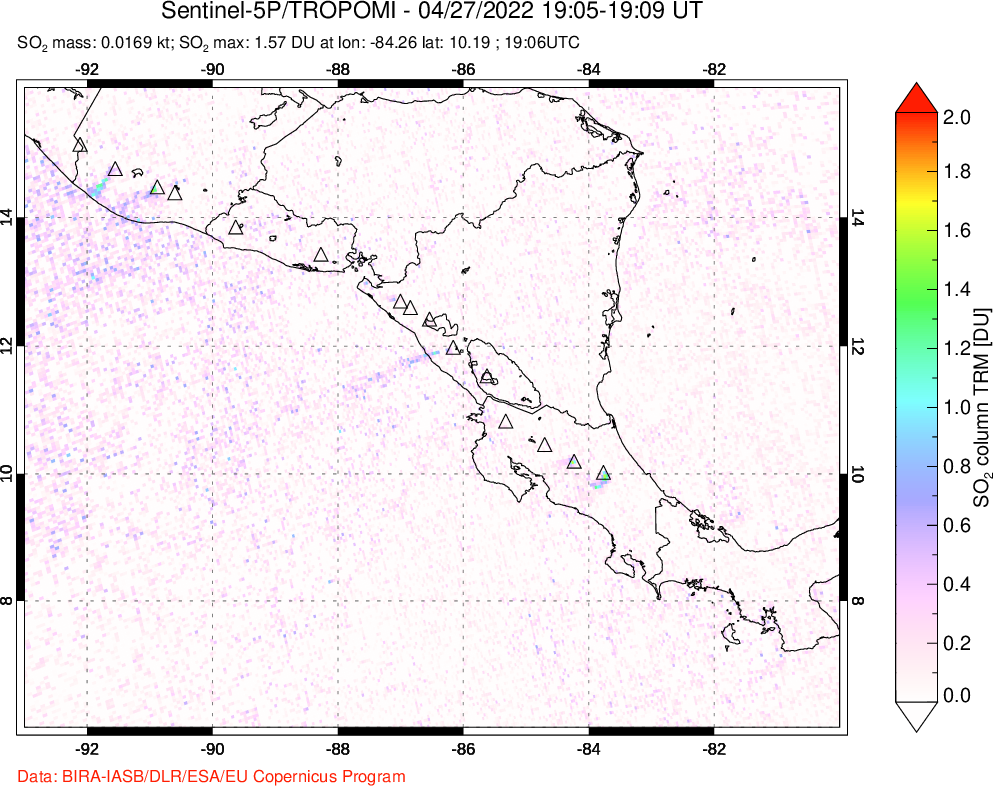 A sulfur dioxide image over Central America on Apr 27, 2022.