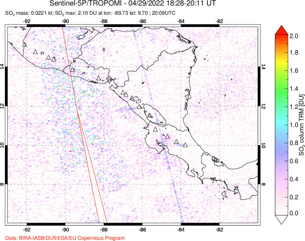 A sulfur dioxide image over Central America on Apr 29, 2022.