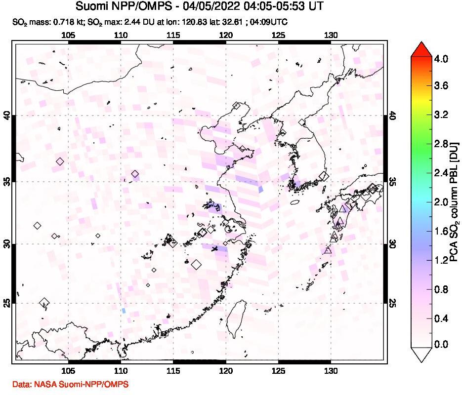 A sulfur dioxide image over Eastern China on Apr 05, 2022.
