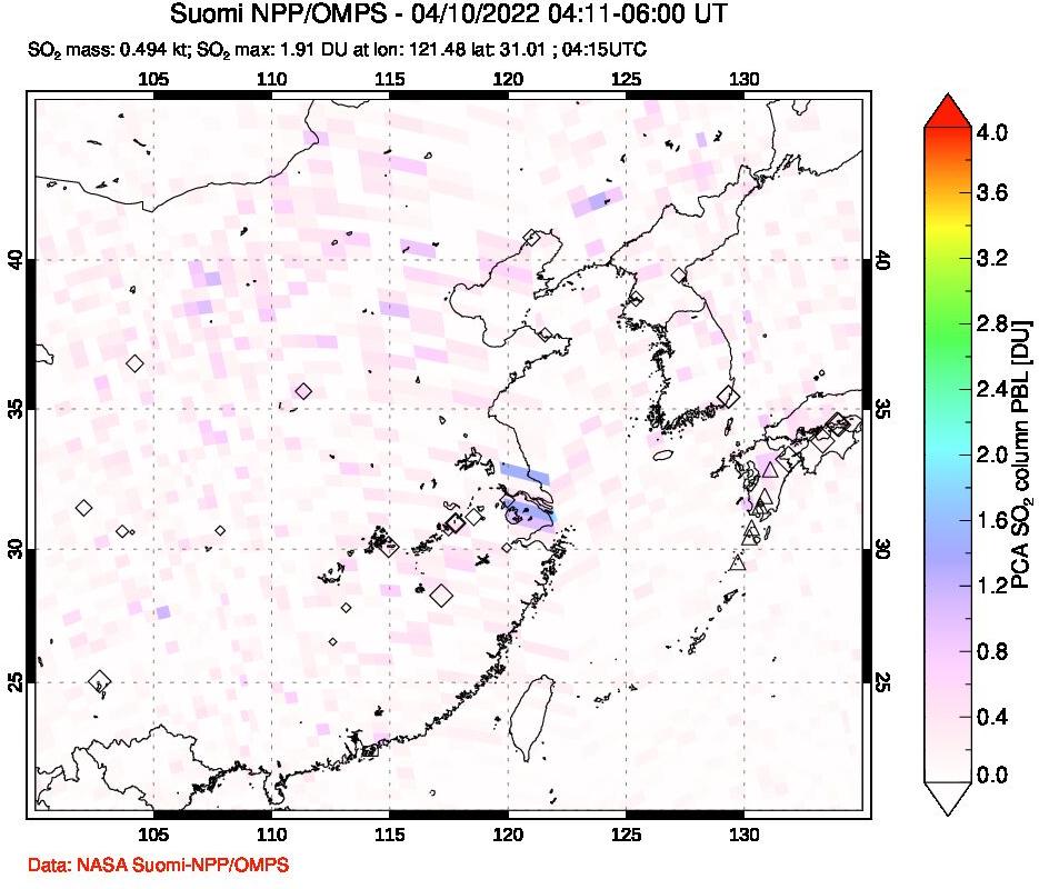 A sulfur dioxide image over Eastern China on Apr 10, 2022.