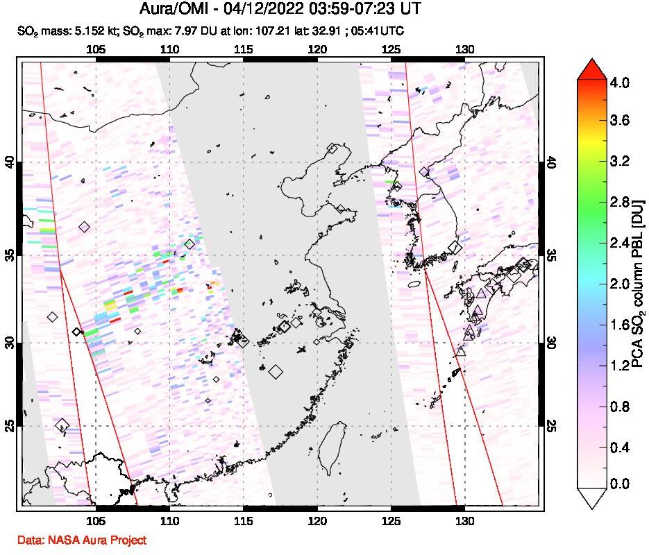 A sulfur dioxide image over Eastern China on Apr 12, 2022.