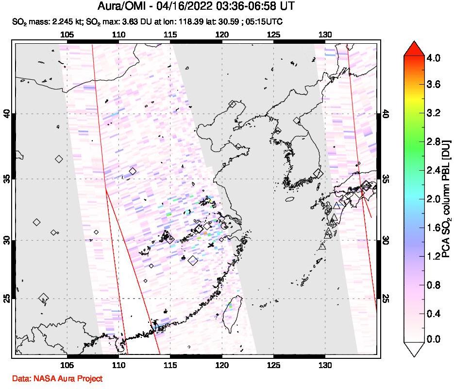 A sulfur dioxide image over Eastern China on Apr 16, 2022.