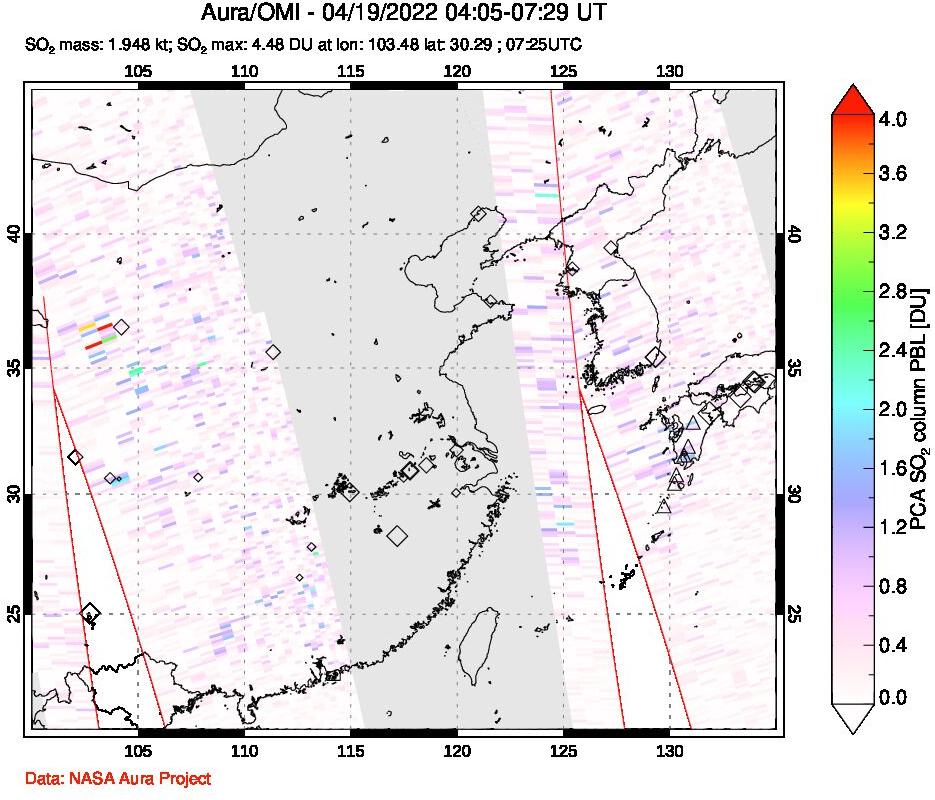 A sulfur dioxide image over Eastern China on Apr 19, 2022.