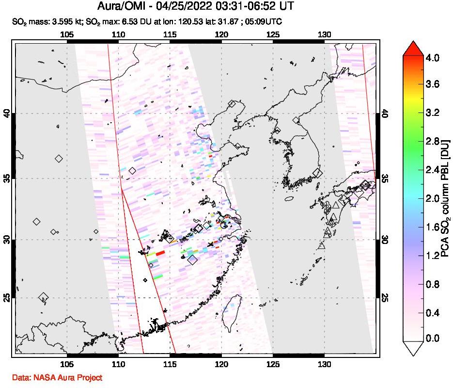A sulfur dioxide image over Eastern China on Apr 25, 2022.