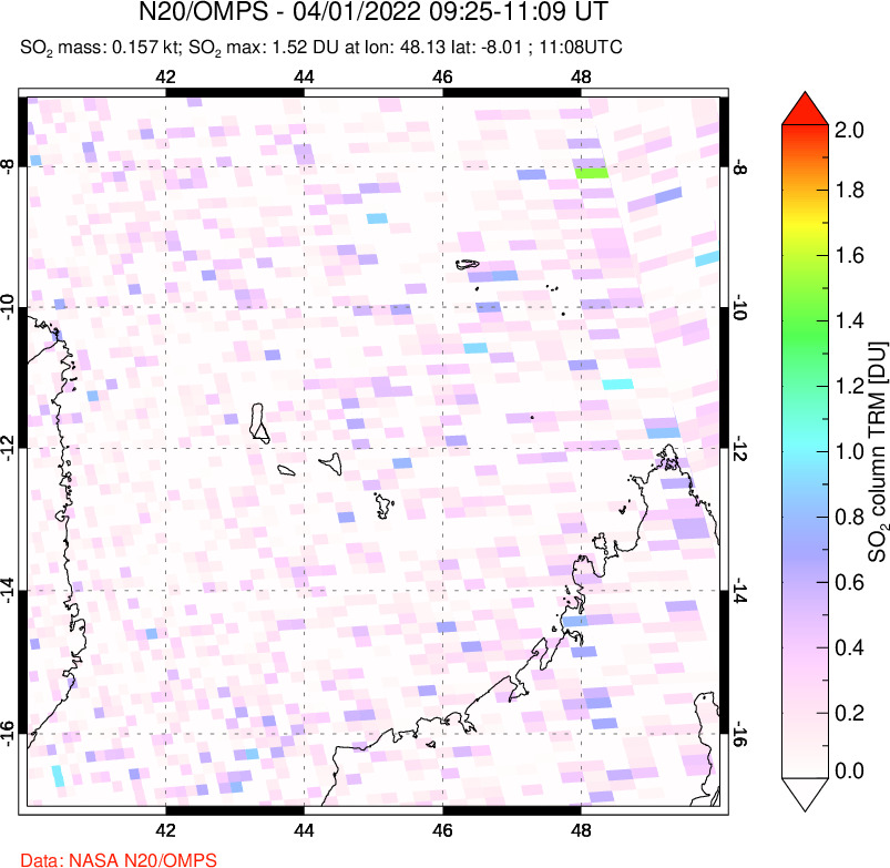 A sulfur dioxide image over Comoro Islands on Apr 01, 2022.