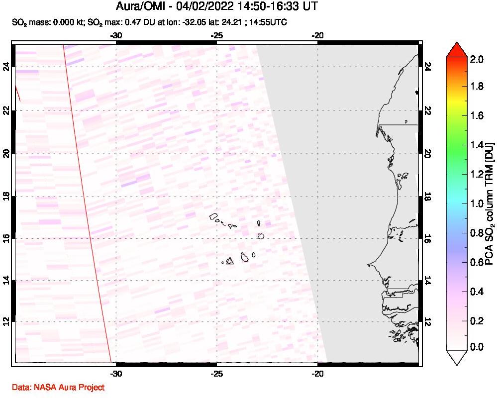 A sulfur dioxide image over Cape Verde Islands on Apr 02, 2022.