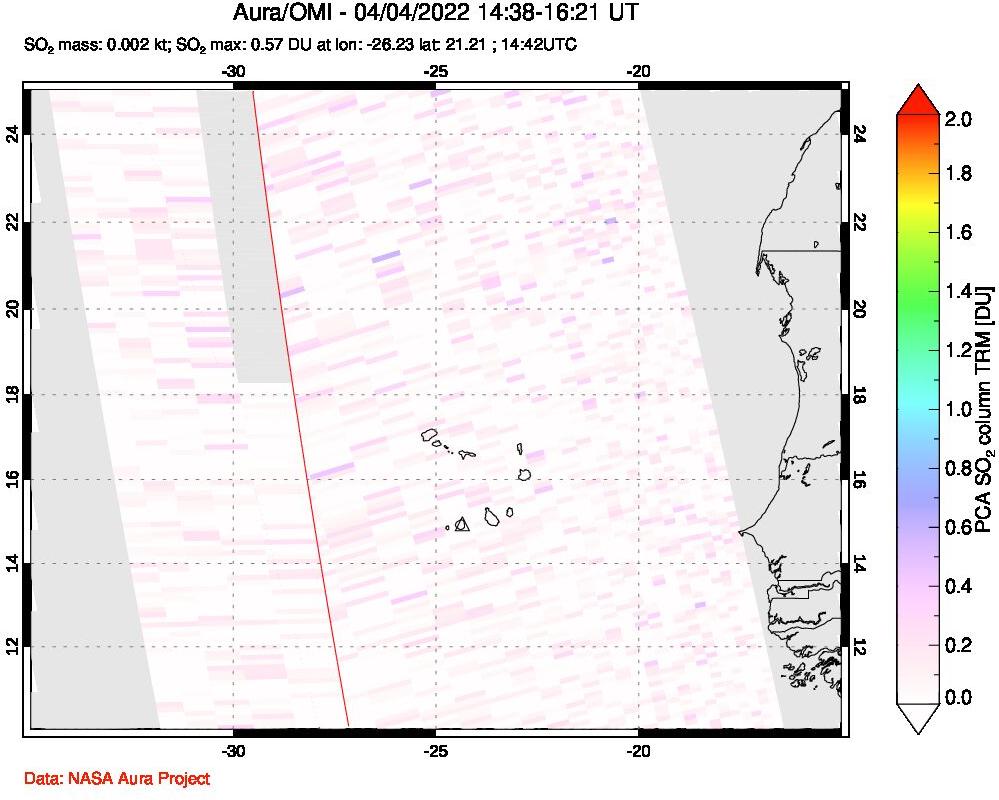 A sulfur dioxide image over Cape Verde Islands on Apr 04, 2022.