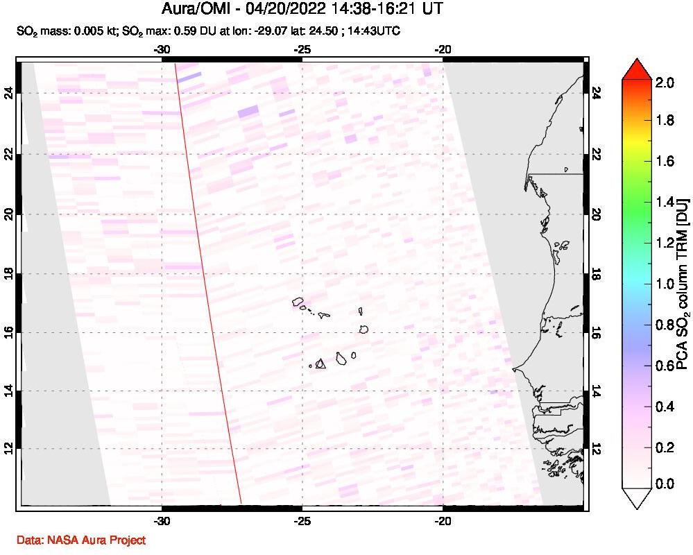 A sulfur dioxide image over Cape Verde Islands on Apr 20, 2022.
