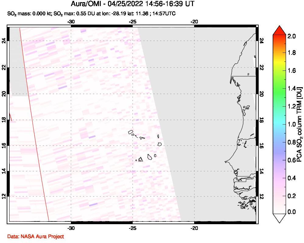 A sulfur dioxide image over Cape Verde Islands on Apr 25, 2022.