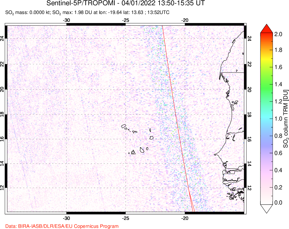 A sulfur dioxide image over Cape Verde Islands on Apr 01, 2022.